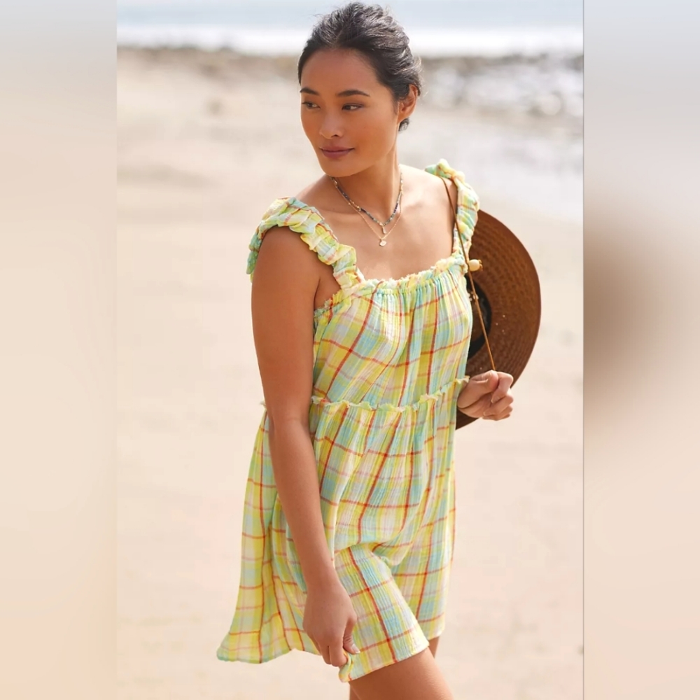 NWT Anthropologie Ruffled Babydoll Dress in Blue/Green Plaid 💚🌊 (Sz M)